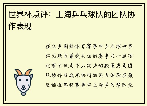世界杯点评：上海乒乓球队的团队协作表现
